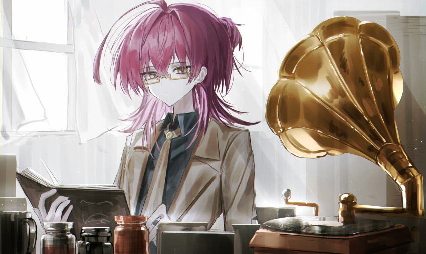 1girl absurdres ahoge black_shirt book brown_jacket brown_necktie closed_mouth coffee_mug collared_shirt commentary commission crossed_bangs cup curtains earrings expressionless hair_intakes highres holding holding_book indoors jacket jewelry medium_hair mug necktie open_book original phonograph pill_bottle purple_hair reading record semi-rimless_eyewear senakira shirt skeb_commission solo stereogram upper_body window yellow-framed_eyewear yellow_eyes