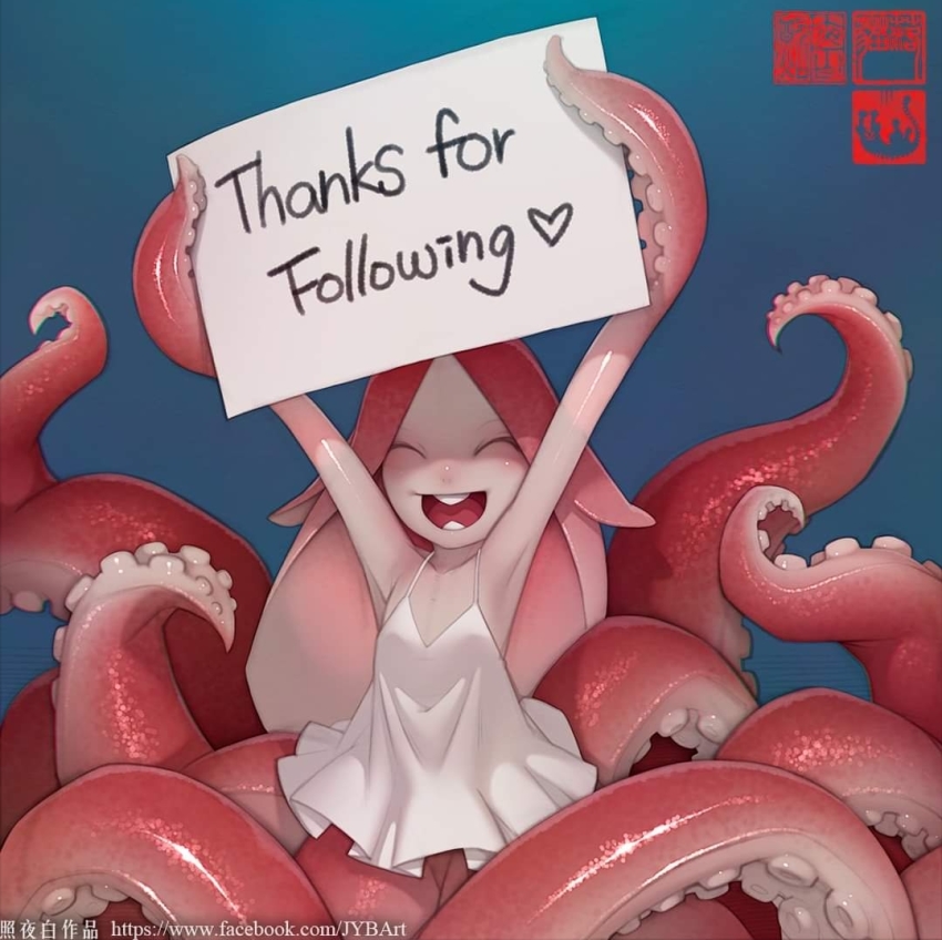 1girl :d arms_up blue_background closed_eyes dress english_text monster_girl open_mouth original scylla simple_background smile solo tentacle_hair tentacle_hands tentacles thank_you watermark web_address white_dress zhaoyebai