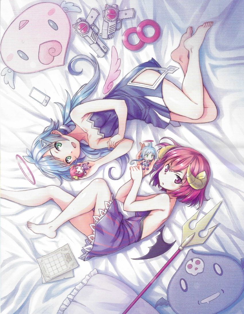 2girls absurdres angel angel_wings artist_request barefoot bed blue_eyes blue_hair cellphone demon_girl demon_horns demon_wings doll ekoro_(galgun) gal_gun_(series) gal_gun_double_peace gun halo highres holding horns kurona_(galgun) looking_at_viewer lying multiple_girls official_art on_bed paper phone pillow polearm red_eyes red_hair scan short_hair trident weapon wings