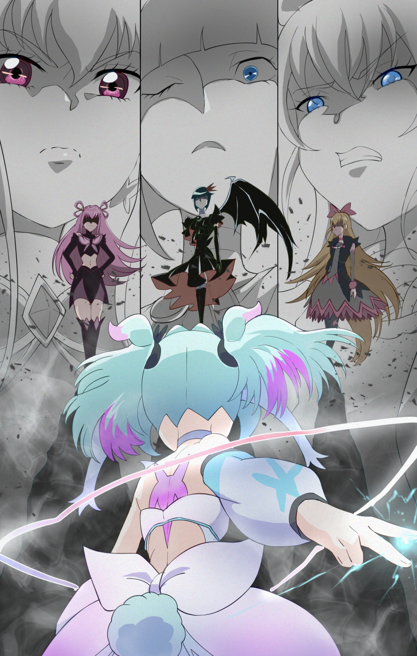 4girls absurdres angry back_bow black_dress blonde_hair blue_eyes blue_hair bow choker commentary_request cure_supreme dark_dream dark_precure detached_sleeves dokidoki!_precure dress elbow_gloves frown gloves green_hair hair_ornament heartcatch_precure! highres long_hair magical_girl multicolored_hair multiple_girls one_eye_closed pantyhose pink_eyes pink_hair precure precure_all_stars precure_all_stars_f purple_eyes purple_hair que415 regina_(dokidoki!_precure) scowl serious short_hair single_wing standing tail thighhighs twintails wings yes!_precure_5