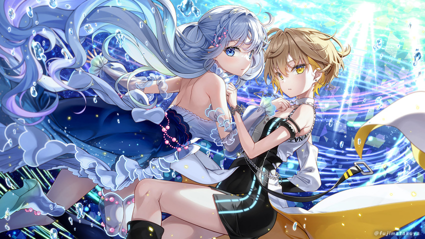 2girls aitsuki_nakuru bare_shoulders black_dress black_thighhighs blonde_hair blue_dress blue_eyes braid breasts brown_hair character_request commentary_request d4dj detached_sleeves dress earrings floating_hair fujima_takuya grey_hair hair_between_eyes hair_intakes high_heels jewelry large_breasts long_hair long_sleeves multicolored_hair multiple_girls puffy_long_sleeves puffy_sleeves see-through_clothes see-through_sleeves shoe_soles sleeveless sleeveless_dress small_breasts strapless strapless_dress stud_earrings thighhighs twitter_username two-tone_hair very_long_hair water_drop white_footwear yellow_eyes