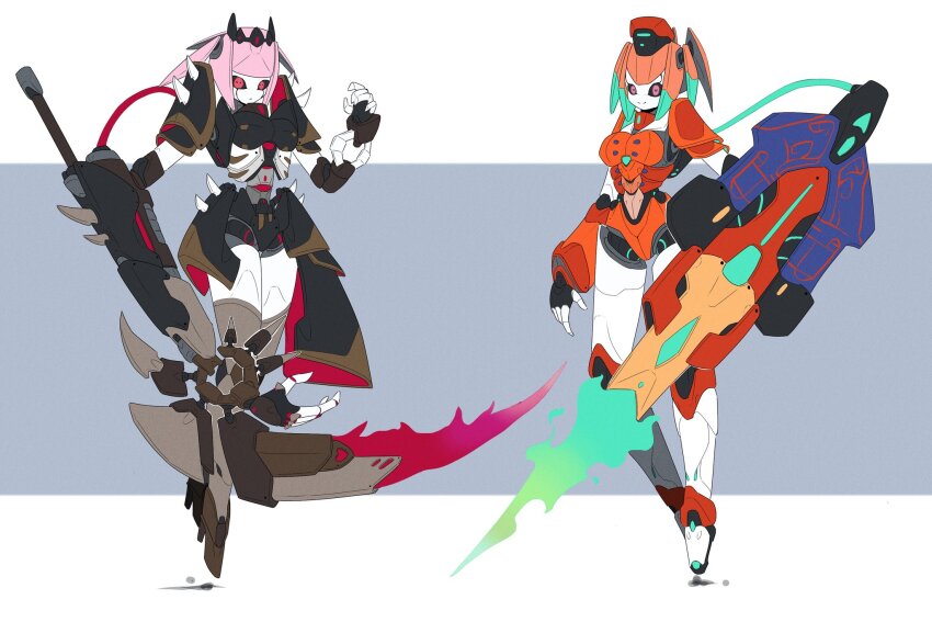 2girls android black_cape black_dress black_tiara bow bow_choker breasts cape chef_hat choker deevious_deevi detached_sleeves dress earrings feather_earrings feathers gradient_hair green_choker green_hair hat highres holding holding_scythe hololive hololive_english humanoid_robot jewelry joints kfp large_breasts long_hair looking_at_viewer mechanical_hair metal_hair metal_skin mini_chef_hat mori_calliope mori_calliope_(1st_costume) multicolored_hair multiple_girls multiple_hats orange_hair orange_hat orange_skirt pink_eyes pink_hair purple_eyes red_eyes robot robot_girl robot_joints science_fiction scythe shield shoulder_spikes single_detached_sleeve skirt smile spiked_cape spikes sword takanashi_kiara takanashi_kiara_(1st_costume) thighhighs tiara veil virtual_youtuber weapon