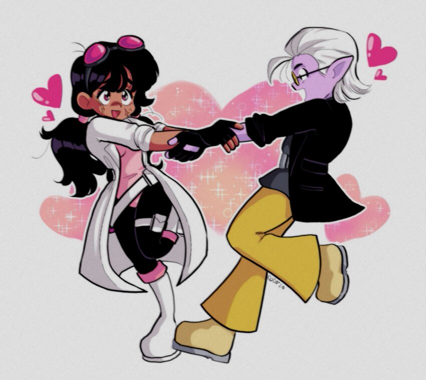 1boy 1girl black_eyes black_gloves black_hair black_jacket blush boots colored_skin commentary commission couple dark-skinned_female dark_skin dragon_ball dragon_ball_heroes english_commentary fingerless_gloves fu_(dragon_ball) full_body glasses gloves goggles goggles_on_head hair_slicked_back heart hetero holding_another&#039;s_arm holding_another&#039;s_wrist jacket lab_coat leotard looking_at_another looking_up low_twintails oc_x_canon open_mouth original pants pasuterucoco pink_eyes pink_leotard pointy_ears pouch purple_skin retro_artstyle scar scar_on_face second-party_source sleeves_rolled_up sparkle spinning thigh_pouch tinted_eyewear twintails unworn_goggles white_footwear white_hair yellow-tinted_eyewear yellow_boots yellow_pants