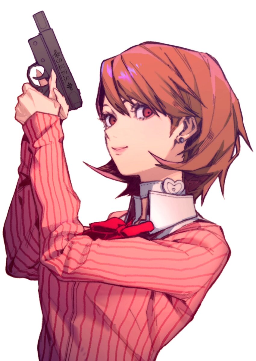 1girl bow bowtie brown_eyes brown_hair cardigan choker closed_mouth collared_shirt commentary earrings evoker gun hair_between_eyes hands_up heart heart_choker highres holding holding_gun holding_weapon jewelry lips long_sleeves looking_at_viewer persona persona_3 pink_cardigan pink_lips red_bow red_bowtie ribbed_cardigan shirt short_hair smile solo stud_earrings takeba_yukari upper_body weapon white_background white_choker white_shirt zero808w
