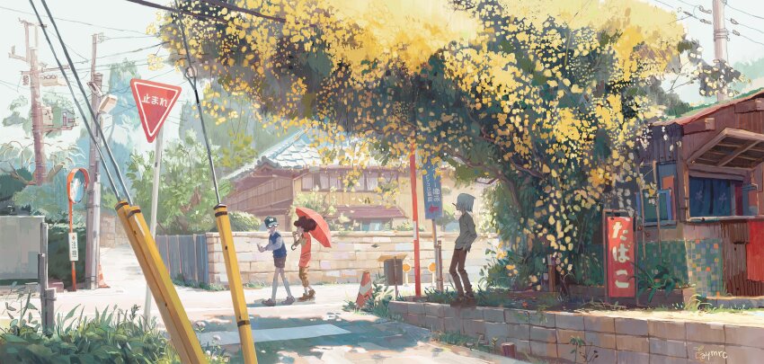 1girl 2boys artist_logo aymeric_kevin blue_vest brown_hair brown_pants brown_shoes brown_shorts building bush can cityscape closed_eyes commentary dappled_sunlight day drink_can eating fence flower foliage food glasses grass green_hat grey_shirt grey_shoes grey_shorts hands_in_pockets hat highres holding holding_can holding_food holding_umbrella logo looking_at_another medium_hair multiple_boys opaque_glasses original outdoors pants pink_skirt pink_umbrella power_lines retaining_wall road road_sign scenery shirt shoes short_hair shorts sign skirt sky smoking socks soda_can standing sunlight tile_roof town traffic_cone traffic_mirror transformer tree umbrella utility_pole vest walking weeds white_hair white_shirt white_sky white_socks wide_shot window wooden_fence yellow_flower