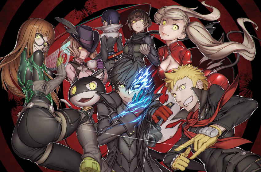 10s 3boys 4girls amamiya_ren ass black_hair blonde_hair blue_hair breasts cleavage cup evil_smile fox_(persona_5) glasses hat hat_feather hat_over_one_eye highres joker_(persona_5) kitagawa_yuusuke looking_at_viewer looking_back morgana_(persona_5) multiple_boys multiple_girls niijima_makoto noir_(persona_5) okumura_haru oracle_(persona_5) panther_(persona_5) persona persona_5 queen_(persona_5) rotix sakamoto_ryuuji sakura_futaba scarf shadow_(persona) skull_(persona_5) smile takamaki_anne teacup yellow_eyes