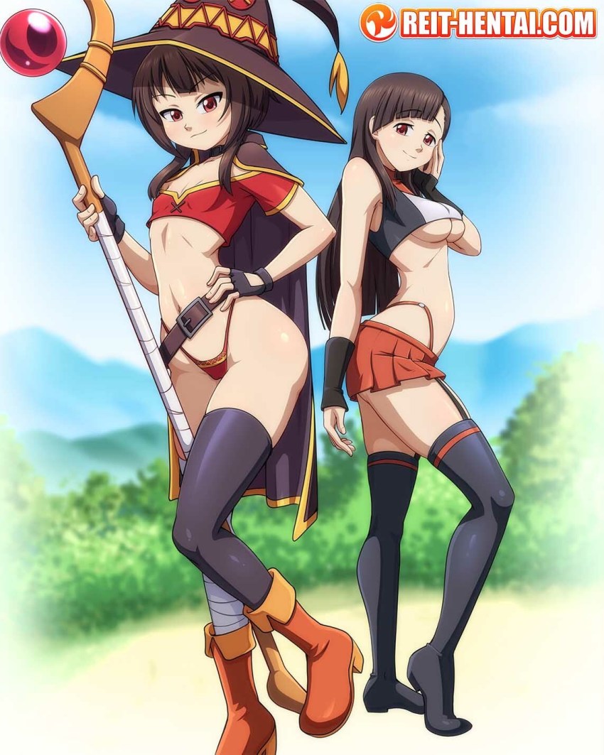 2girls adapted_costume full_body highres kono_subarashii_sekai_ni_shukufuku_wo! megumin mother_and_daughter multiple_girls outdoors reit standing yuiyui_(konosuba)