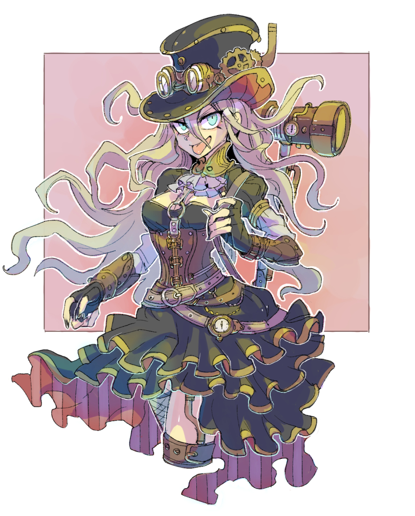 1girl aqua_eyes belt breasts commentary_request cropped_legs danganronpa_(series) danganronpa_v3:_killing_harmony eyelashes fingerless_gloves gears gloves goggles goggles_on_headwear green_gloves green_hat green_shirt green_skirt hat highres iruma_miu kumakoro_(tetsupag) long_hair messy_hair outline pocket_watch shirt skirt solo steampunk tongue tongue_out top_hat watch white_outline