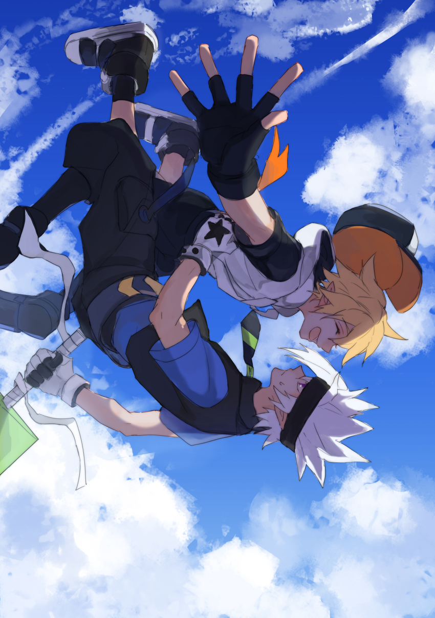 2boys absurdres aotu_world black_gloves black_hat black_headband black_necktie black_pants black_shoes black_shorts black_vest blonde_hair blue_shirt blue_sky chinese_commentary closed_eyes closed_mouth cloud cloudy_sky day drawstring falling fingerless_gloves gloves grey_(aotu_world) hair_between_eyes hand_on_another&#039;s_waist hat headband highres holding holding_sword holding_weapon hood hood_down hoodie king_(aotu_world) looking_at_another male_focus midair multicolored_hat multicolored_hoodie multiple_boys necktie open_mouth outdoors outstretched_arm pants profile purple_eyes shirt shoes short_hair short_sleeves shorts sky smile spiked_hair sweatdrop sword unworn_hat unworn_headwear vest weapon white_gloves white_hair white_hoodie yaoi zhao_yi