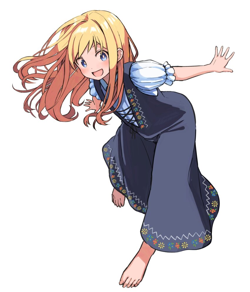 1girl barefoot blonde_hair blue_dress blue_eyes blush dress eyelashes floating_hair floral_print frilled_sleeves frills full_body hako-chan_(neko_(hansinn)) highres leaning_forward long_hair open_hands open_mouth original short_sleeves sidelocks simple_background solo swept_bangs toenails toes toraneko white_background