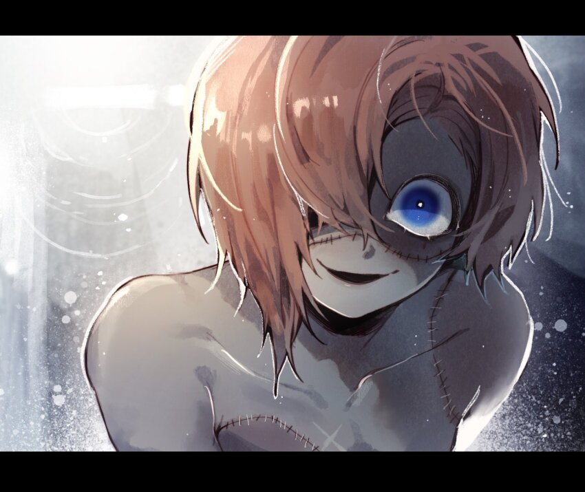 1boy blue_eyes commentary_request grey_background hair_over_one_eye highres homicipher korean_commentary letterboxed looking_at_viewer male_focus mr._stitch pink_hair short_hair solo stitches sweeeet_him