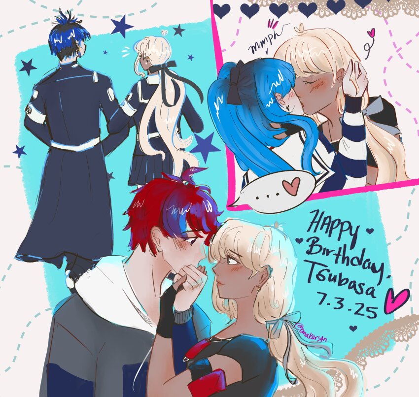2boys 2girls amemiya_darumi armband back back_focus black_bow black_hair blonde_hair blue_hair blush bow closed_eyes dark-skinned_female dark_skin grey_jacket hands_on_own_face heart hetero holding_hands hoodie jacket kawana_tsubasa kiss last_defense_academy_school_uniform long_sleeves multicolored_hair multiple_boys multiple_girls multiple_views omokage_yugamu ponytail red_hair short_hair striped_clothes sumino_takumi the_hundred_line_-last_defense_academy- twintails white_hoodie yuri