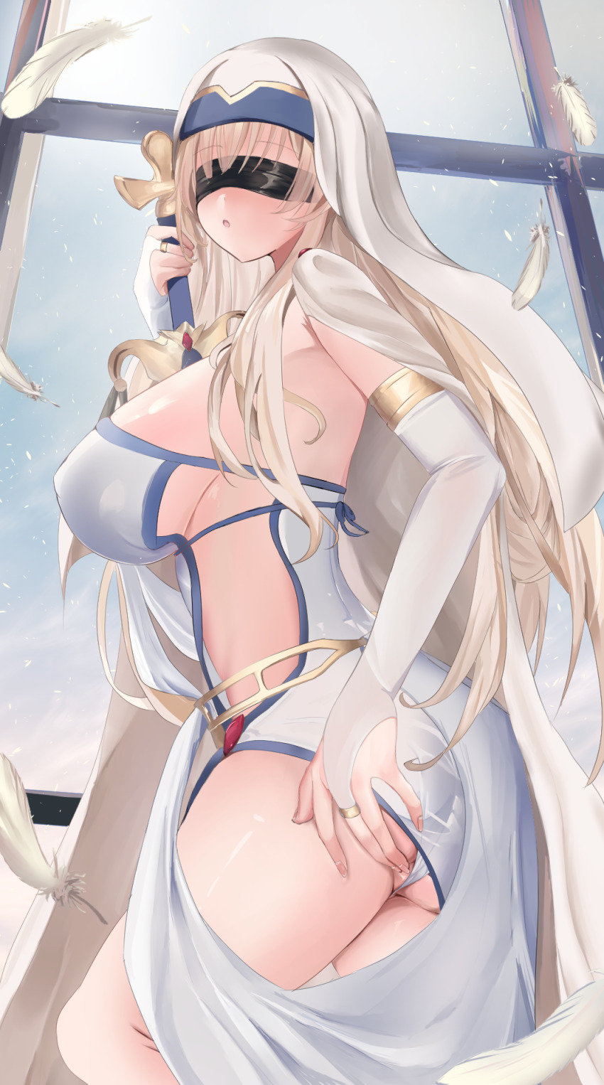 1girl ass blindfold blonde_hair breasts bridal_gauntlets covered_eyes dress facing_viewer falling_feathers feathers from_side goblin_slayer! hair_between_eyes highres holding holding_sword holding_weapon kodokunogotoku large_breasts long_hair panties revealing_clothes sideless_outfit solo sword sword_maiden underwear veil weapon white_dress white_feathers white_panties white_veil