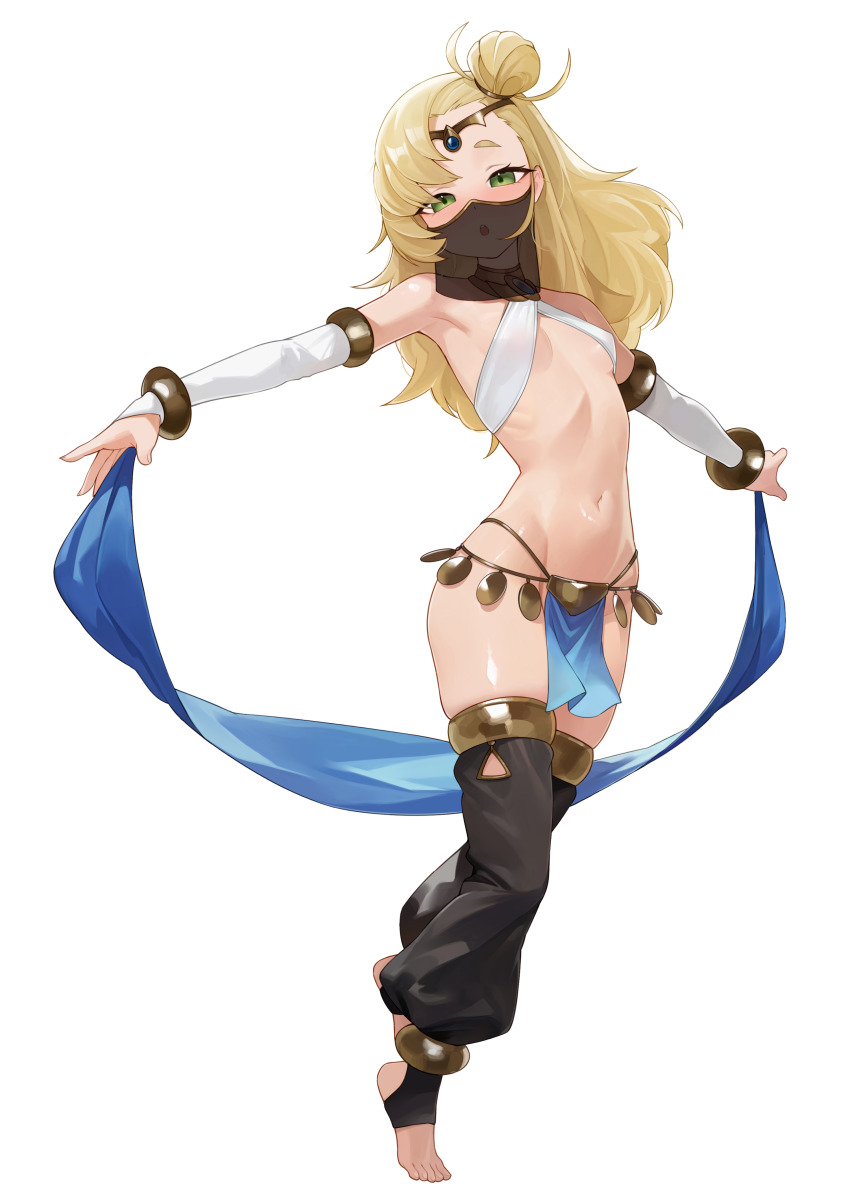 1girl :o absurdres alternate_costume anklet armpits arms_up bare_shoulders belly_dancer black_veil blonde_hair blush bracelet breasts circlet commentary dancer detached_sleeves dot_nose face_veil feet forehead_jewel full_body green_eyes hair_between_eyes hair_bun half-closed_eyes harem_outfit harem_pants headband highres jewelry loli long_hair looking_at_viewer mouth_veil navel necklace open_mouth pants pelvic_curtain piper_wheel ribs shiny_skin short_eyebrows simple_background single_hair_bun small_breasts solo stirrup_legwear stomach teeth thighhighs thighs toeless_legwear toenails toes toned_stomach upper_teeth_only v-shaped_eyebrows veil very_long_hair weimiaw white_background white_sleeves zenless_zone_zero zettai_ryouiki
