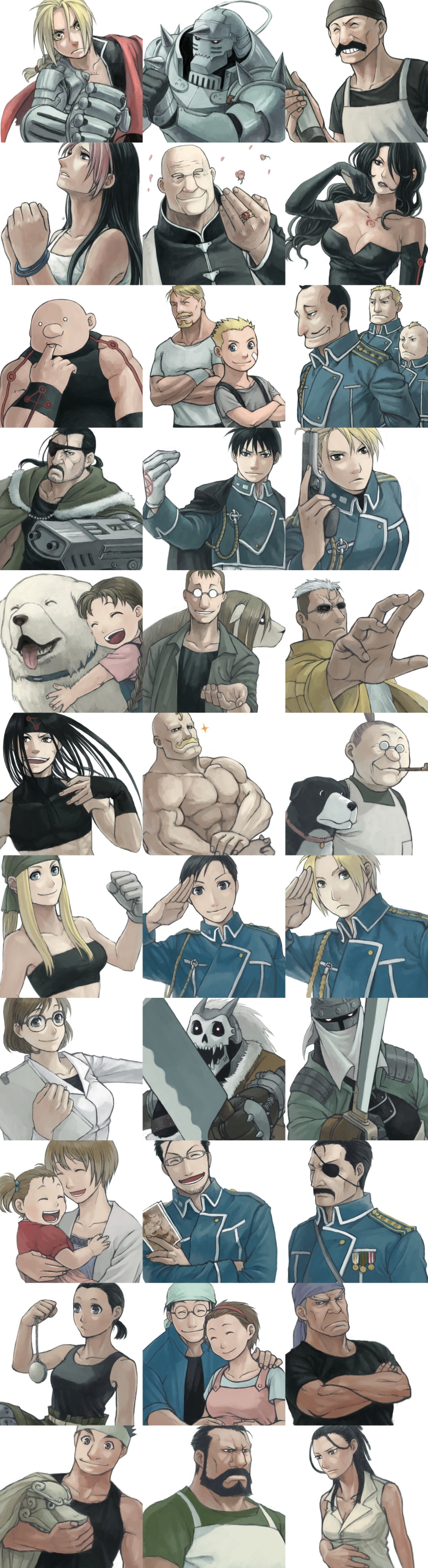 6+boys 6+girls absurdres alex_louis_armstrong alexander_(fma) alphonse_elric armor bald_(fma) bandana barry_the_chopper beard black_hair blonde_hair blue_eyes bottle braid cape closed_eyes den_(fma) denny_brosh dominic_lecoulte edward_elric elicia_hughes envy_(fma) everyone eyepatch facial_hair father_and_son father_cornello fullmetal_alchemist glasses gluttony_(fma) gracia_hughes halling hat highres izumi_curtis jewelry khayal king_bradley lieutenant_yoki long_image lust_(fma) maes_hughes maria_ross mask mason_(fma) mukuo multiple_boys multiple_girls muscular mustache nina_tucker paninya_(fma) pendant pinako pinako_rockbell ridel_lecoulte ring riza_hawkeye rose_thomas rose_tomas roy_mustang salute satella_lecoulte scar scar_(fma) sheska_(fma) shou_tucker sig_curtis slicer_brothers smile spoilers tall_image winry_rockbell