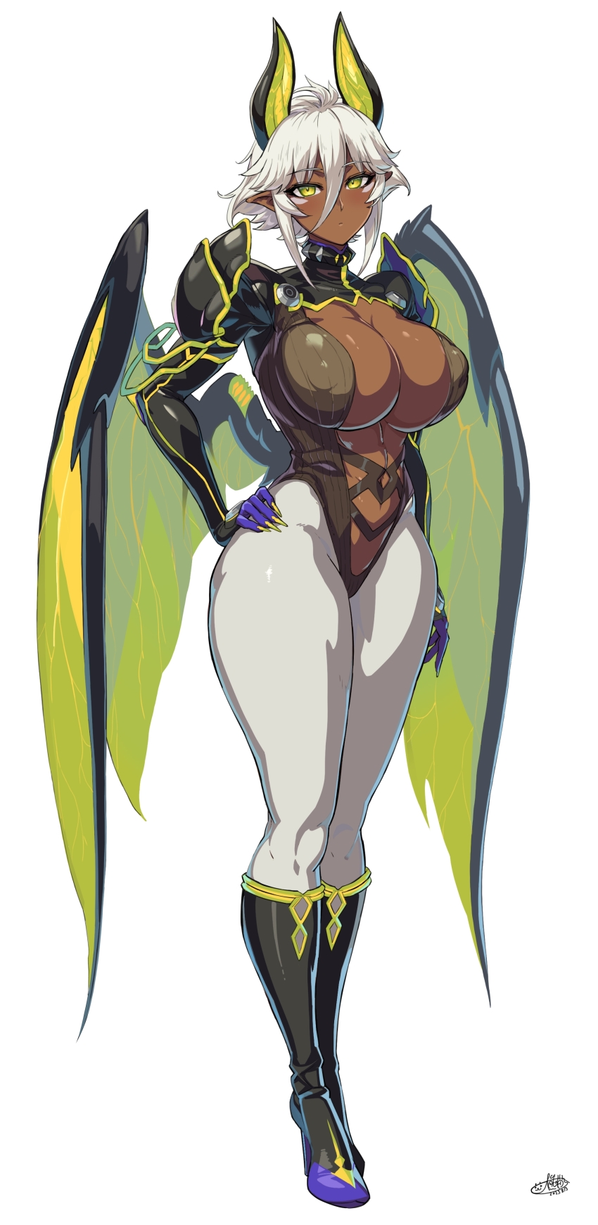 absurdres boots breasts claws cleavage cleavage_cutout clothing_cutout curvy dark-skinned_female dark_skin highres horns large_breasts no_bra ookuma_nekosuke open_clothes revealing_clothes shinmai_maou_no_testament standing thick_thighs thighs white_hair wide_hips wings yellow_eyes zest