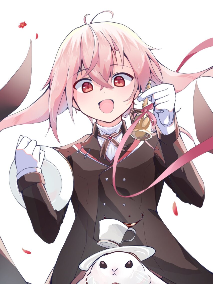 1boy animal_ears ansel_(arknights) ansel_(nighttime_cafe)_(arknights) arknights bell black_coat coat commentary crossed_bangs cup gloves hair_between_eyes highres holding holding_bell holding_plate long_sleeves looking_at_viewer lop_rabbit_ears male_focus open_mouth pink_hair pink_ribbon plate rabbit rabbit_ears ribbon sakusan_kurozu saucer shirt short_hair simple_background smile solo tea teacup upper_body white_background white_gloves white_shirt