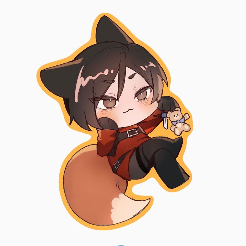 1girl :3 aaamber_22 ada_wong animal_ears black_boots black_hair black_pantyhose blush boots brown_eyes chibi chibi_only crossed_legs dress floating fox_ears fox_girl fox_tail hair_between_eyes hand_on_own_cheek hand_on_own_face highres holding holding_knife kemonomimi_mode knife pantyhose red_dress resident_evil resident_evil_4 short_hair solo stuffed_animal stuffed_toy tail teddy_bear thigh_boots white_background