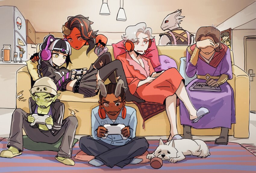 3girls 4boys alternate_costume astarion baldur&#039;s_gate baldur&#039;s_gate_3 beanie black_pants brown_hair colored_skin contemporary controller couch covering_own_eyes crossed_legs demon_horns dog dungeons_&amp;_dragons dungeons_&amp;_dragons elf gale_(baldur&#039;s_gate) game_controller green_skin group_picture hat headset highres holding holding_controller holding_game_controller horns indian_style indoors karlach lae&#039;zel lamp multicolored_hair multiple_boys multiple_girls on_couch on_floor pants pointy_ears red_skin refrigerator scratch_(baldur&#039;s_gate) shadowheart_(baldur&#039;s_gate) short_hair sitting slippers the_dark_urge_(baldur&#039;s_gate) tiefling track_suit two-tone_hair white_hair wyll_(baldur&#039;s_gate) yy20251111