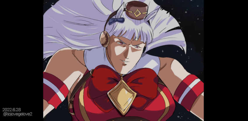 1girl anavel_gato animal_ears armband bow bowtie dated ear_bow gold_ship_(umamusume) gundam gundam_0083 headgear horse_ears horse_girl ing&#039;yeo_soyeo long_hair looking_down photo-referenced pillarboxed pillbox_hat purple_bow purple_hair red_bow red_bowtie sleeveless solo space twitter_username umamusume upper_body v-shaped_eyebrows