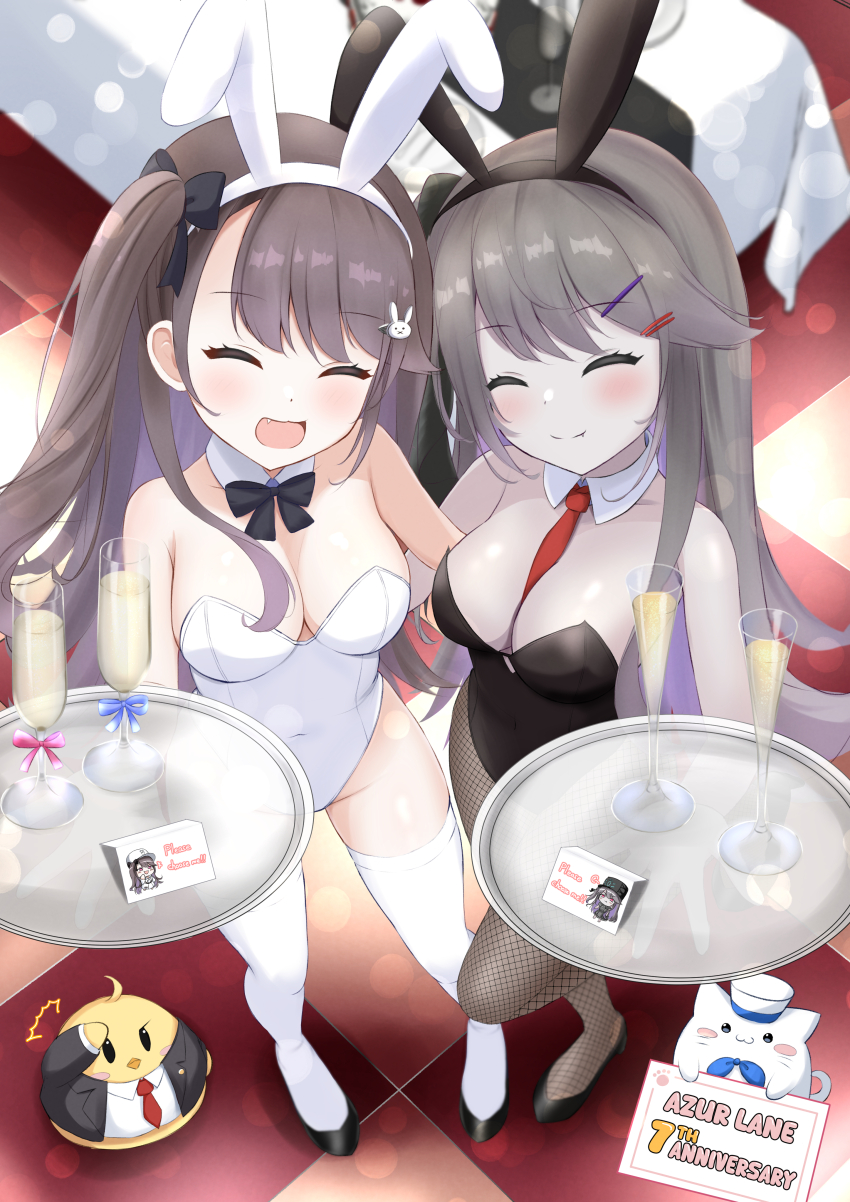 2girls absurdres alternate_breast_size animal_ears anniversary arm_around_back azur_lane bare_shoulders between_breasts black_bow black_bowtie black_leotard blush bow bowtie breasts brown_hair checkered_floor cleavage covered_navel cup detached_sleeves drinking_glass english_text fang fishnet_pantyhose fishnets flower full_body groin hair_bow hair_ornament hairclip hand_on_another&#039;s_back happy high_heels highres hip_focus holding holding_tray hug leotard manjuu_(azur_lane) medium_breasts meowfficer_(azur_lane) multiple_girls necktie necktie_between_breasts open_mouth paashe pale_skin pamiat_merkuria_(azur_lane) pamiat_merkuria_(meta)_(azur_lane) pantyhose playboy_bunny rabbit_ears rabbit_hair_ornament red_necktie side_ponytail skin_tight skindentation smile standing standing_on_one_leg strapless strapless_leotard thighhighs tray white_leotard