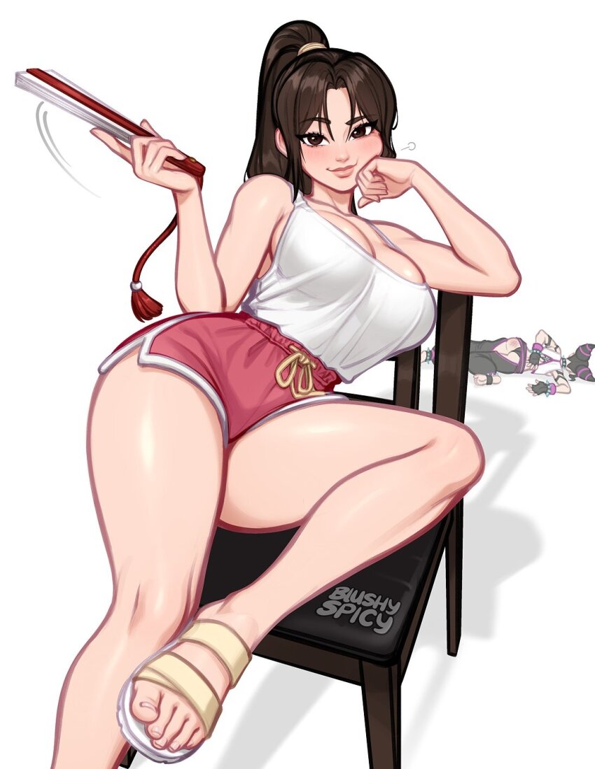 2girls bare_legs bare_shoulders blushyspicy breasts brown_eyes brown_hair cleavage dolphin_shorts family_guy_death_pose_(meme) fatal_fury feet folding_fan foot_out_of_frame han_juri hand_fan high_ponytail highres large_breasts legs long_hair lying meme multiple_girls ninja on_side ponytail sandals shiranui_mai shorts smile street_fighter street_fighter_6 toenails toes