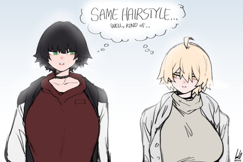 2girls asian black_hair blonde_hair breasts breathing choker chris_(ginseng) earpiece english_text ginseng_(xin) green_eyes hair_between_eyes huge_breasts jacket large_breasts looking_at_another looking_to_the_side mole multiple_girls original short_hair speech_bubble thinking thought_bubble tomboy winter_clothes yellow_eyes