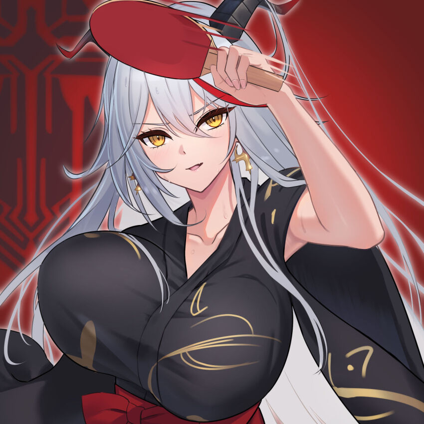 1girl aegir_(azur_lane) alternate_costume answering azur_lane black_horns black_kimono bouncing_breasts bow breasts cleavage commentary_request cross cross_earrings dragon_girl dragon_horns earrings fang fingernails hair_between_eyes hair_on_horn hand_up highres holding holding_paddle horns iron_blood_(emblem) iron_cross japanese_clothes jewelry kimono large_breasts long_hair long_sleeves motion_lines multicolored_hair multicolored_horns official_alternate_costume open_mouth paddle red_background red_bow red_hair red_horns red_sash sash slit_pupils solo streaked_hair sweat table_tennis_paddle translation_request upper_body very_long_hair white_hair white_sash wide_sleeves yellow_eyes