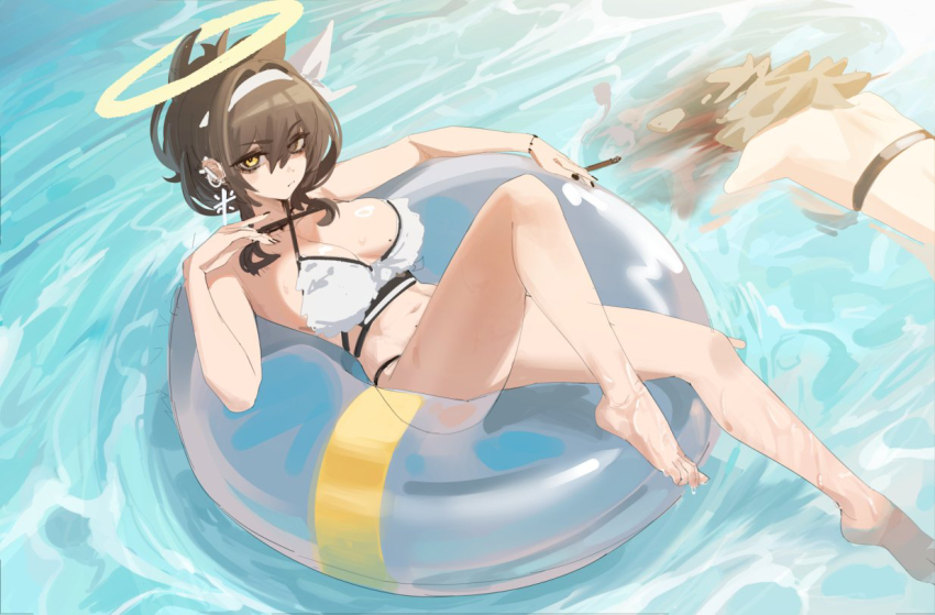 2girls afloat auriel_(behalter) barefoot behalter bikini black_bikini black_nails blonde_hair blood breasts brown_hair cigar closed_mouth cross cross_earrings death earrings eyes_visible_through_hair feet fingernails halo holding holding_cigar innertube jewelry knee_up legs long_bangs looking_at_viewer mole mole_on_breast mole_on_stomach multiple_girls nail_polish navel ocean original partially_submerged soaking_feet solo_focus swim_ring swimsuit toes updo water wet white_bikini yellow_eyes