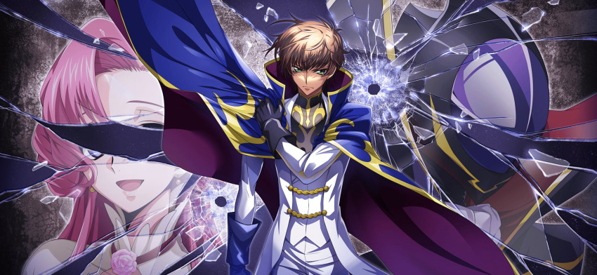 1girl 2boys adjusting_cape adjusting_clothes arm_at_side artist_request black_gloves black_shirt blue_cape broken_glass bullet_hole cape closed_mouth coat code_geass code_geass:_lost_stories euphemia_li_britannia game_cg glass gloves gold_trim green_eyes hand_up high_collar highres inset jacket kururugi_suzaku long_sleeves looking_at_viewer male_focus military_uniform multiple_boys non-web_source official_art pants serious shirt sidelocks standing two-sided_cape two-sided_fabric v-shaped_eyebrows white_coat white_jacket white_pants zero_(code_geass)