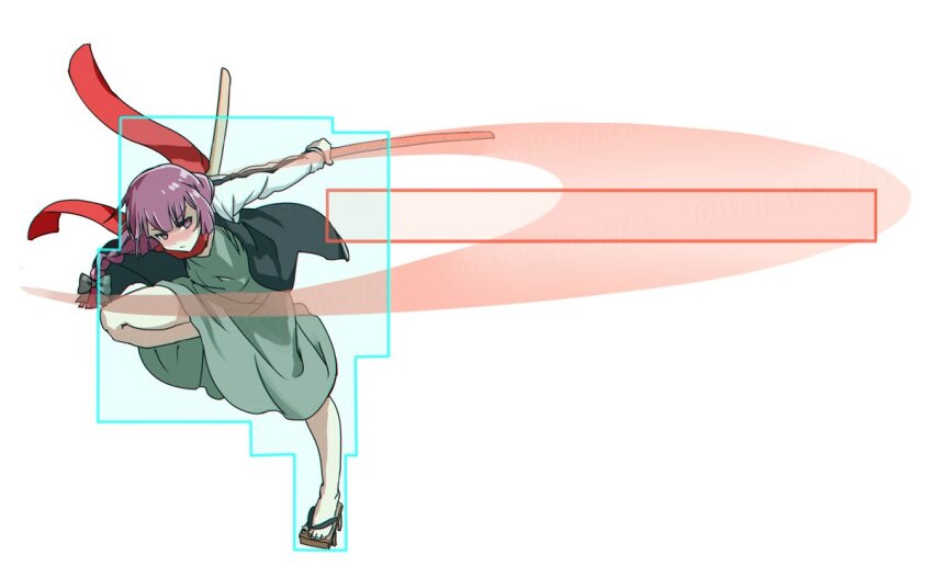 1girl @_@ black_jacket black_nails blazblue blush bocchi_the_rock! bow dress fighting_game full_body geta green_bow green_dress hair_bow hiroi_kikuri hitbox jacket kisaragi_jin leg_up long_hair long_sleeves low-braided_long_hair low-tied_long_hair medium_dress multicolored_jacket nail_polish nose_blush open_clothes open_jacket pink_eyes pink_hair red_scarf scarf simple_background solo toenail_polish toenails torako_(toramaru) twitter_username two-tone_jacket v-shaped_eyebrows watermark white_background white_jacket