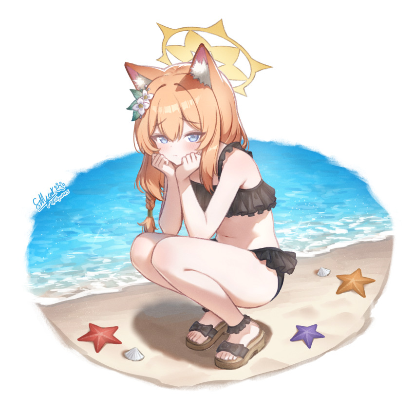 1girl absurdres alternate_costume animal_ear_fluff animal_ears bikini black_bikini blue_archive blue_eyes blush braid cat_ears cat_girl closed_mouth commentary faux_figurine frilled_bikini frills full_body fuzake_neko hair_between_eyes hair_ornament halo highres long_hair looking_at_viewer mari_(blue_archive) mari_(swimsuit)_(blue_archive) navel ocean official_alternate_costume official_alternate_hairstyle orange_hair outdoors sand sandals single_braid solo squatting starfish swimsuit thighs yellow_halo