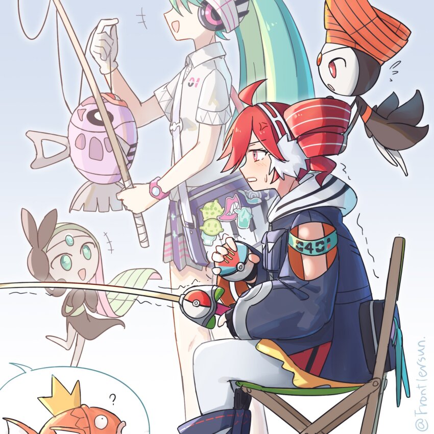 2girls drill_hair feebas frontiersun gen_1_pokemon gen_3_pokemon gen_5_pokemon hatsune_miku highres holding holding_poke_ball kasane_teto legendary_pokemon lure_ball magikarp meloetta meloetta_(pirouette) multiple_girls mythical_pokemon nintendo poke_ball pokemon project_voltage psychic_miku_(project_voltage) rival_teto_(project_voltage) twin_drills utau vocaloid