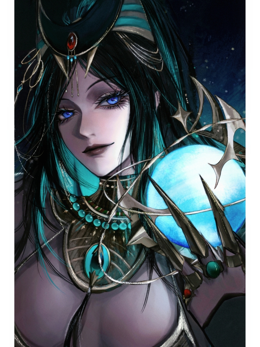 1girl absurdres aegyo_sal ancient_egyptian_hat animal_ear_headwear blue_eyes breasts breasts_apart chinese_commentary colored_inner_hair commentary dark-skinned_female dark_skin fake_animal_ears fake_claws gem green_gemstone green_hair half-closed_eyes head_tilt highres holding_orb jewelry light_smile looking_at_viewer medium_breasts multicolored_hair official_alternate_costume orb ornate_ring parted_bangs path_to_nowhere red_gemstone ring sideways_glance solo stargazer_(path_to_nowhere) usekh_collar yu_zhezhe