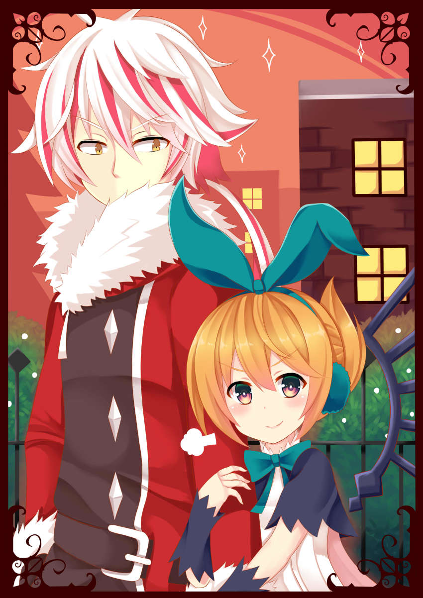 &gt;:) 1boy 1girl absurdres aqua_bow aqua_bowtie aqua_ribbon arm_hug asusilver_(artist) belt blush border bow bowtie brown_eyes brown_hair building bush child closed_mouth efina fence folded_ponytail fume fur_trim hair_between_eyes hair_ribbon highres lieat looking_at_viewer multicolored_hair red_hair ribbon short_hair smile sparkle streaked_hair teobaldo_leonhearts two-tone_hair v-shaped_eyebrows white_hair