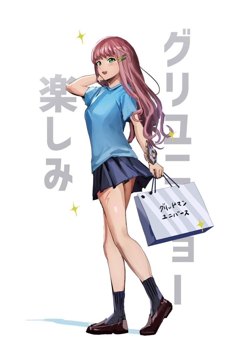 1girl absurdres acceptor bag black_skirt blue_shirt brown_hair green_eyes gridman_universe gridman_universe_(movie) highres long_hair looking_at_viewer minami_yume miniskirt paper_bag sakamoto_(ojiojiojisanda) scar scar_on_leg shirt skirt solo t-shirt
