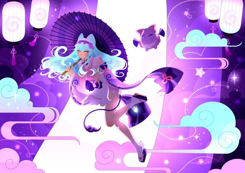 1girl apron aqua_hair cloud cone_hair_bun detached_sleeves egasumi ffluvy floating full_body genshin_impact geta hair_bun highres holding holding_umbrella japanese_clothes kimono lantern long_hair looking_at_viewer makeup oil-paper_umbrella okobo paper_lantern pink_eyes pink_kimono pink_sleeves platform_sandals platform_shoes pointy_ears sandals short_kimono smile socks solo star_(symbol) tabi tassel umbrella white_socks wide_sleeves yumemizuki_mizuki zouri