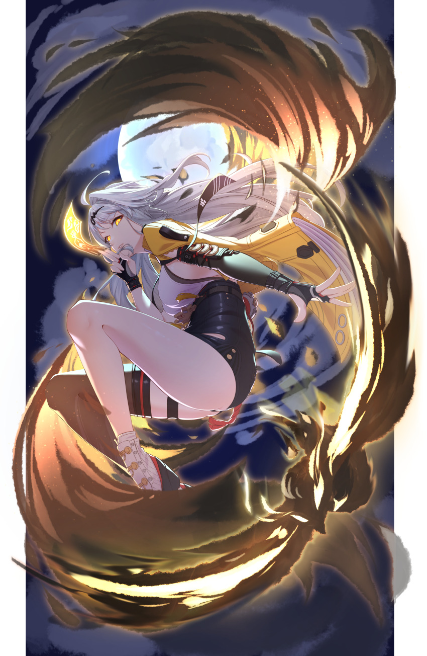 1girl absurdres black_shorts black_thighhighs border breasts full_moon highres large_breasts long_hair looking_at_viewer moon purple_(jobseeking) shirt shoes shorts sideboob single_thighhigh solo thigh_strsp thighhighs very_long_hair white_background white_border white_hair white_shirt white_shoes yellow_eyes yi_xuan_(zenless_zone_zero) zenless_zone_zero