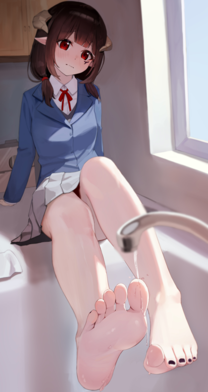 1girl absurdres barefoot black_hair blush faucet feet highres hime-sama_&quot;goumon&quot;_no_jikan_desu horns liwen520 long_hair looking_at_viewer pointy_ears red_eyes school_uniform soles toes torture_tortura water