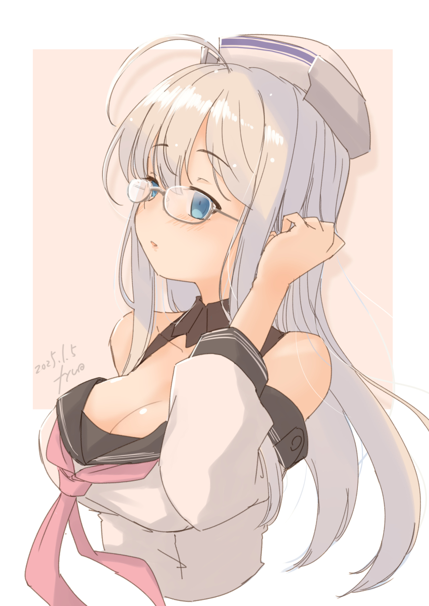 1girl absurdres ahoge black_sailor_collar blue_eyes breasts cleavage cropped_torso dixie_cup_hat fyuo glasses grey_hair hat headgear heywood_l._edwards_(kancolle) highres kantai_collection large_breasts long_hair military_hat neckerchief off-shoulder_shirt off_shoulder pink_neckerchief sailor_collar shirt solo two-tone_background upper_body white_shirt