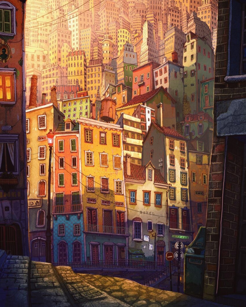 balcony building chimney door francisco_fonseca gate highres house lamppost no_humans original power_lines road_sign sign trash_can urban water_tower window window_shutter