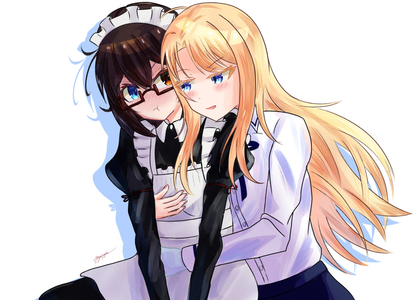 2girls anyacrypha apron black_dress blonde_hair blue_eyes brown_hair closed_mouth commentary_request dress heterochromia highres hug hug_from_behind juliet_sleeves kamikoshi_sorawo long_hair long_sleeves maid maid_apron maid_headdress multiple_girls nishina_toriko orange_eyes parted_lips pout puffy_sleeves shadow shirt short_hair signature simple_background smile transparent_hand urasekai_picnic white_apron white_background white_headdress white_shirt yuri