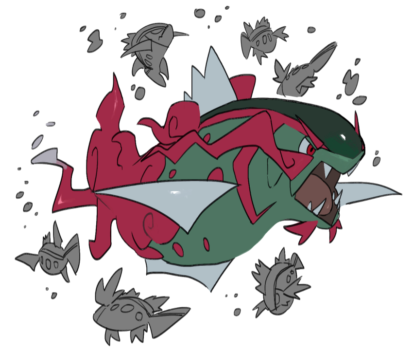 air_bubble basculegion basculegion_(male) basculin bubble commentary_request evolutionary_line fish gen_5_pokemon highres kochi8i nintendo no_humans open_mouth partially_colored pokemon pokemon_(creature) red_eyes sharp_teeth simple_background teeth tongue white_background