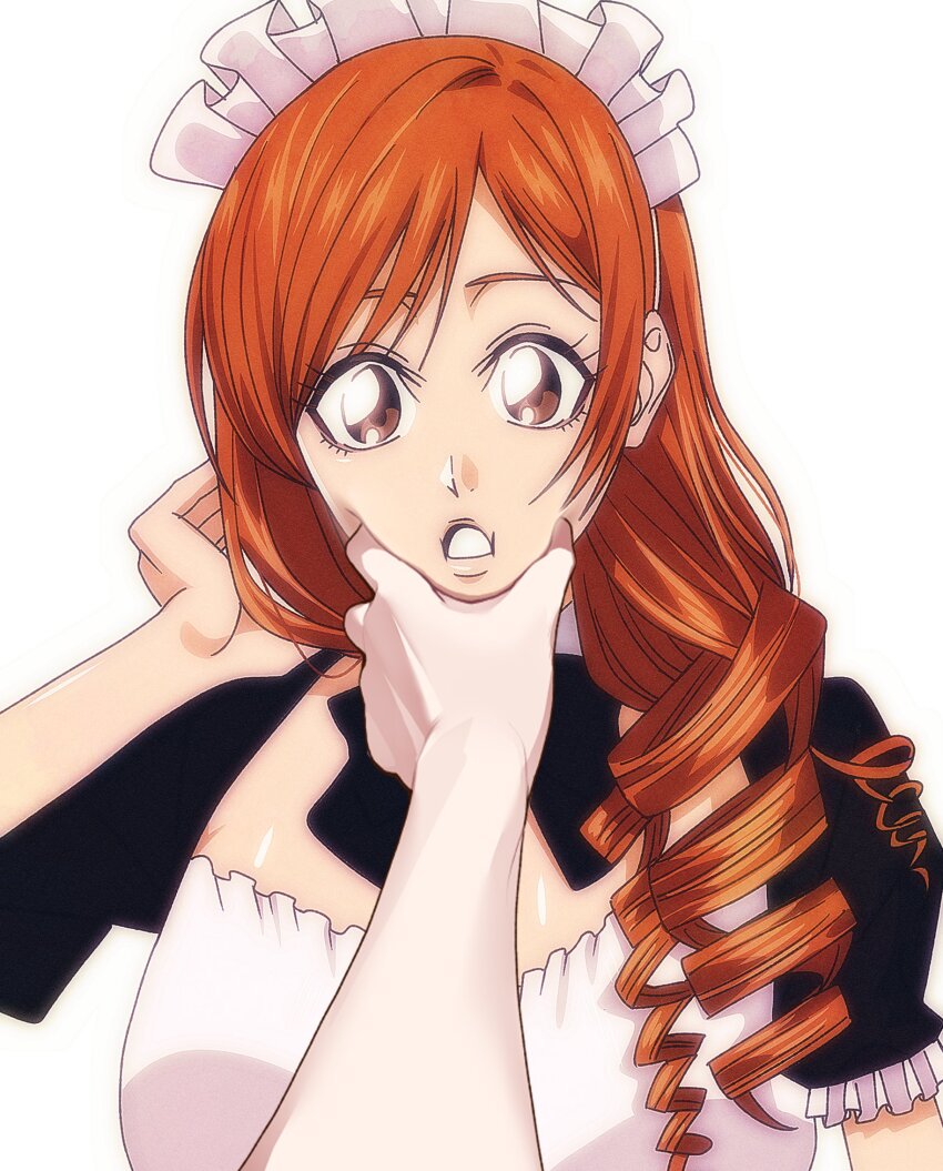 1girl apron bleach bow breasts brown_eyes curly_hair female_focus hand_on_chin hand_on_own_hair highres inoue_orihime long_hair looking_at_viewer maid_apron maid_headdress n_(nauki_11) open_mouth orange_hair shiny_skin simple_background teeth white_background