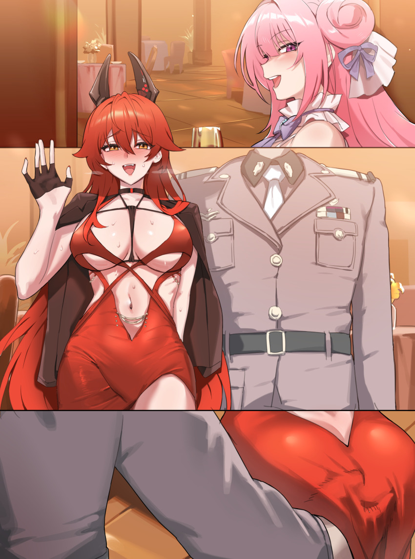 absurdres bare_shoulders between_breasts black_gloves blush breasts cleavage dorothy_(nikke) dress evening_gown fingerless_gloves flower-shaped_hair frilled_dress frills gloves goddess_of_victory:_nikke grabbing_another&#039;s_ass groping hair_between_eyes hair_bun hair_intakes highres horns large_breasts long_hair looking_at_viewer mechanical_horns military_dress_uniform military_uniform multiple_girls navel official_alternate_costume open_mouth pink_hair purple_eyes purple_ribbon red_dress red_hair red_hood_(nikke) red_hood_(nonsense_red)_(nikke) ribbon saki_(remainaddd) single_side_bun smile strap_between_breasts the_legendary_commander_(nikke) thigh_strap very_long_hair white_dress yellow_eyes