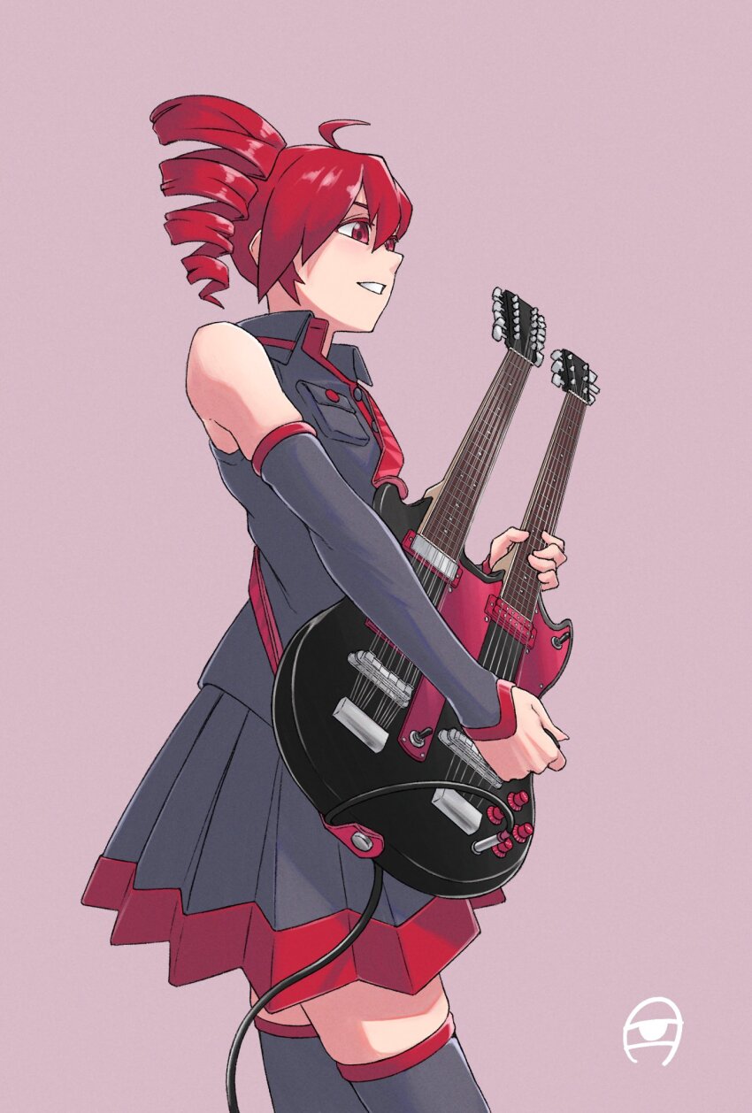 1girl ahoge bare_shoulders black_skirt black_sleeves cable collared_shirt cowboy_shot detached_sleeves drill_hair electric_guitar from_side grin guitar hair_between_eyes highres holding holding_guitar holding_instrument instrument kanbaru_mitsuki kasane_teto kasane_teto_(utau) miniskirt music pink_background playing_instrument pleated_skirt plectrum pocket red_eyes red_hair red_trim shirt side_drill simple_background skirt skirt_set sleeveless sleeveless_shirt smile solo utau wing_collar