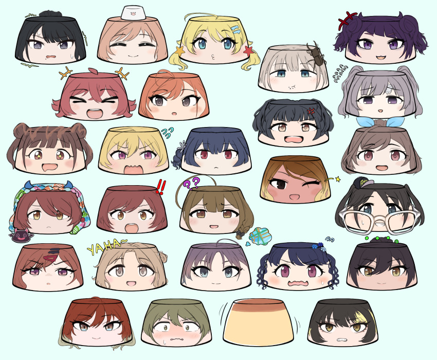 ! &gt;_&lt; +_+ ... 6+girls :3 ? ahoge aketa_mikoto alstroemeria_(idolmaster) anger_vein arisugawa_natsuha asakura_toru bandages beetle bird black_hair blanket blonde_hair blue_background blue_eyes blue_hair blunt_bangs blush bow brown_eyes brown_hair bug chocolate_syrup double_bun drooling everyone fake_horns flying_sweatdrops food foodification fukumaru_koito glasses gradient_hair grey_eyes grey_hair hachimiya_meguru hair_bow hair_bun hair_ornament hairclip hat highres higuchi_madoka horns houkago_climax_girls_(idolmaster) ichikawa_hinana idolmaster idolmaster_shiny_colors ikaruga_luca illumination_stars_(idolmaster) insect izumi_mei kazano_hiori komiya_kaho kuwayama_chiyuki l&#039;antica_(idolmaster) laughing mayuzumi_fuyuko mini_hat mitsumine_yuika mole mole_under_eye mole_under_mouth morino_rinze multicolored_hair multiple_girls nanakusa_nichika noctchill_(idolmaster) objectification one_eye_closed osaki_amana osaki_tenka pigeon psycho_orb pudding purple_eyes purple_hair red_eyes red_hair saijo_juri sakuragi_mano serizawa_asahi shirase_sakuya short_hair simple_background smile sonoda_chiyoko spoken_ellipsis spoken_exclamation_mark spoken_question_mark spoken_star star_(symbol) straylight_(idolmaster) streaked_hair tan tanaka_mamimi teeth trembling tsukioka_kogane twintails upper_teeth_only wavy_mouth yukoku_kiriko