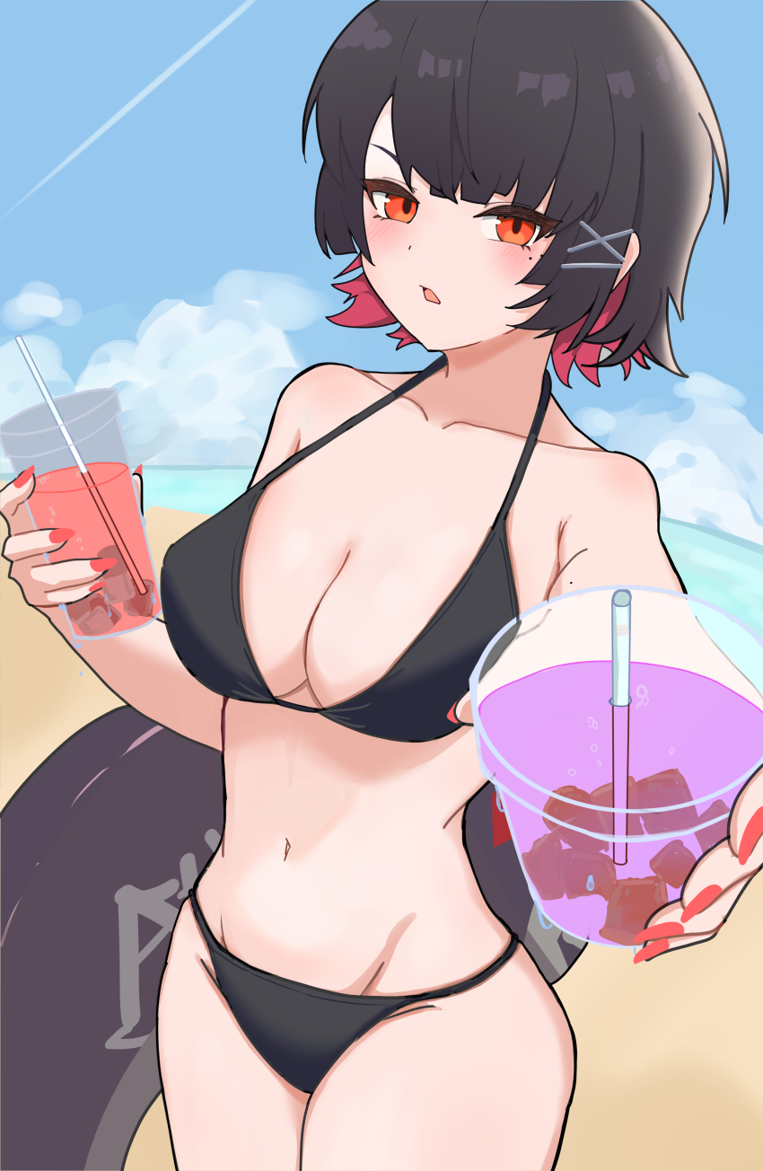 1girl absurdres amenaka applying_manicure bare_shoulders beach bikini black_bikini black_hair breasts cleavage collarbone cup ellen_joe fins fish_tail giving hair_ornament highres holding holding_cup large_breasts looking_at_viewer mole mole_under_eye nail_polish navel open_mouth red_eyes red_hair red_nails shark_girl shark_tail short_hair solo stomach swimsuit tail zenless_zone_zero