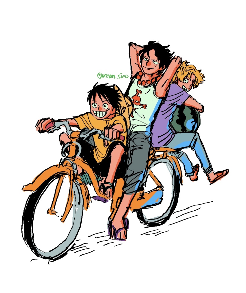 3boys arms_behind_head bicycle black_hair blonde_hair commentary_request food freckles fruit full_body hat highres jolly_roger male_focus monkey_d._luffy multiple_boys ocean_siro one_piece portgas_d._ace purple_shirt sabo_(one_piece) sandals scar scar_on_face shirt smile straw_hat twitter_username watermelon whitebeard_pirates_jolly_roger yellow_shirt