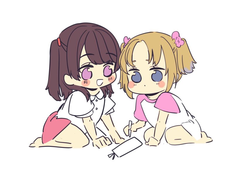2girls :d barefoot blonde_hair blue_eyes blue_hair blush blush_stickers brown_hair child closed_mouth collared_shirt colored_tips dot_mouth fujishima_megumi fujishima_megumi_(young) highres holding holding_pen link!_like!_love_live! long_shirt love_live! medium_hair multicolored_hair multiple_girls open_mouth osawa_rurino osawa_rurino_(young) pen pink_shorts pink_sleeves purple_eyes raglan_sleeves shin_(shnnnnrn1) shirt short_hair short_twintails shorts simple_background smile t-shirt tanabata tanzaku twintails two_side_up virtual_youtuber white_background white_shirt